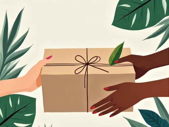 Ilustración de empaque ecológico y manos sosteniendo una hoja de planta.